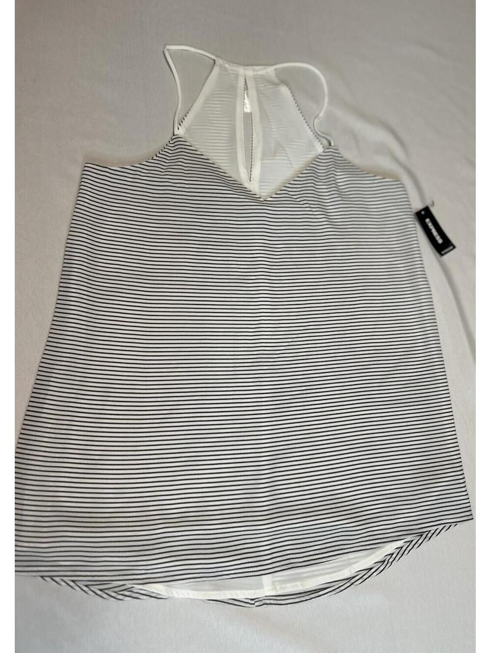 Express Halter Tank Top XS/TP Black White Stripe Sheer Back NWT